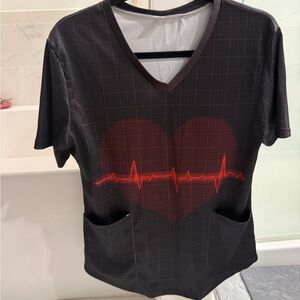 Black Scrub Top with Red Heartbeat Graphic
